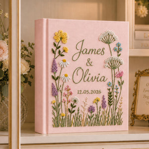 Hand-Embroidered Wildflower Wedding Photo Album, Linen Keepsake Book With Sleeves, Floral Wedding Keepsake Album, Custom Baby Memory Book