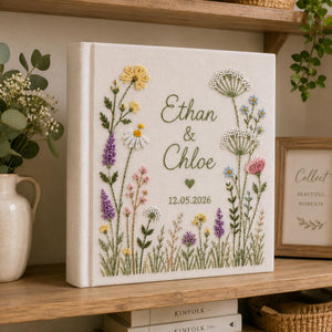 Hand-Embroidered Wildflower Wedding Photo Album, Linen Keepsake Book With Sleeves, Floral Wedding Keepsake Album, Custom Baby Memory Book