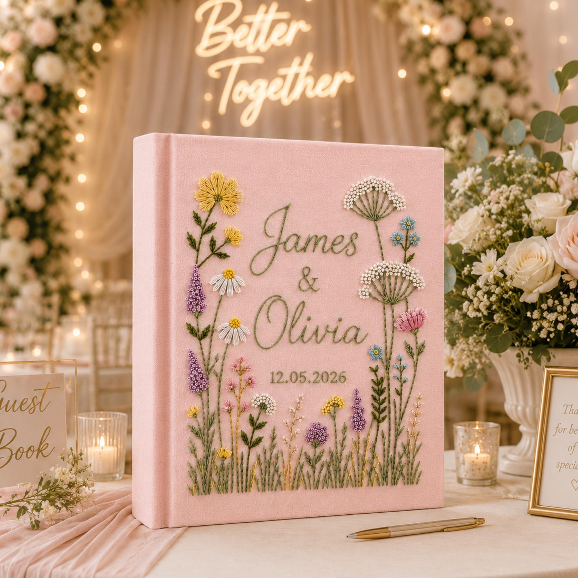 Hand-Embroidered Wildflower Wedding Photo Album, Linen Keepsake Book With Sleeves, Floral Wedding Keepsake Album, Custom Baby Memory Book