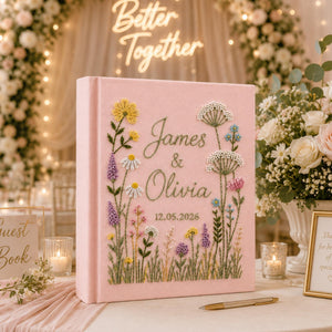 Hand-Embroidered Wildflower Wedding Photo Album, Linen Keepsake Book With Sleeves, Floral Wedding Keepsake Album, Custom Baby Memory Book