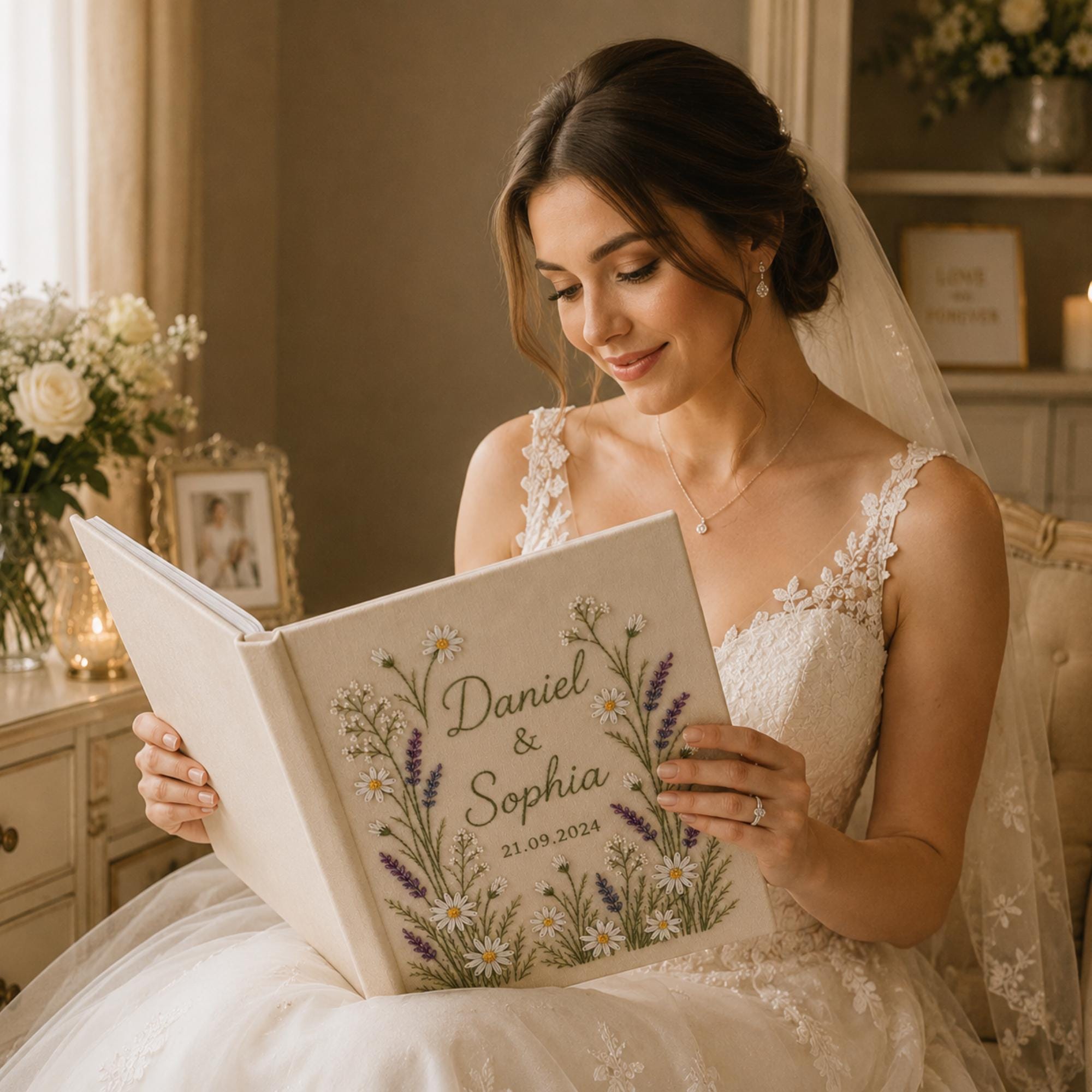 Hand-Embroidered Wildflower Linen Photo Album, Floral Wedding Keepsake Album, Wedding Memory Book, Bride Groom Gift, Anniversary Photo Book