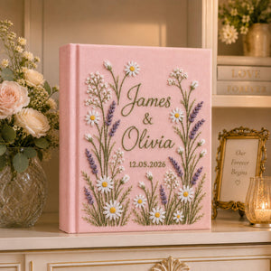 Hand-Embroidered Wildflower Linen Photo Album, Floral Wedding Keepsake Album, Wedding Memory Book, Bride Groom Gift, Anniversary Photo Book