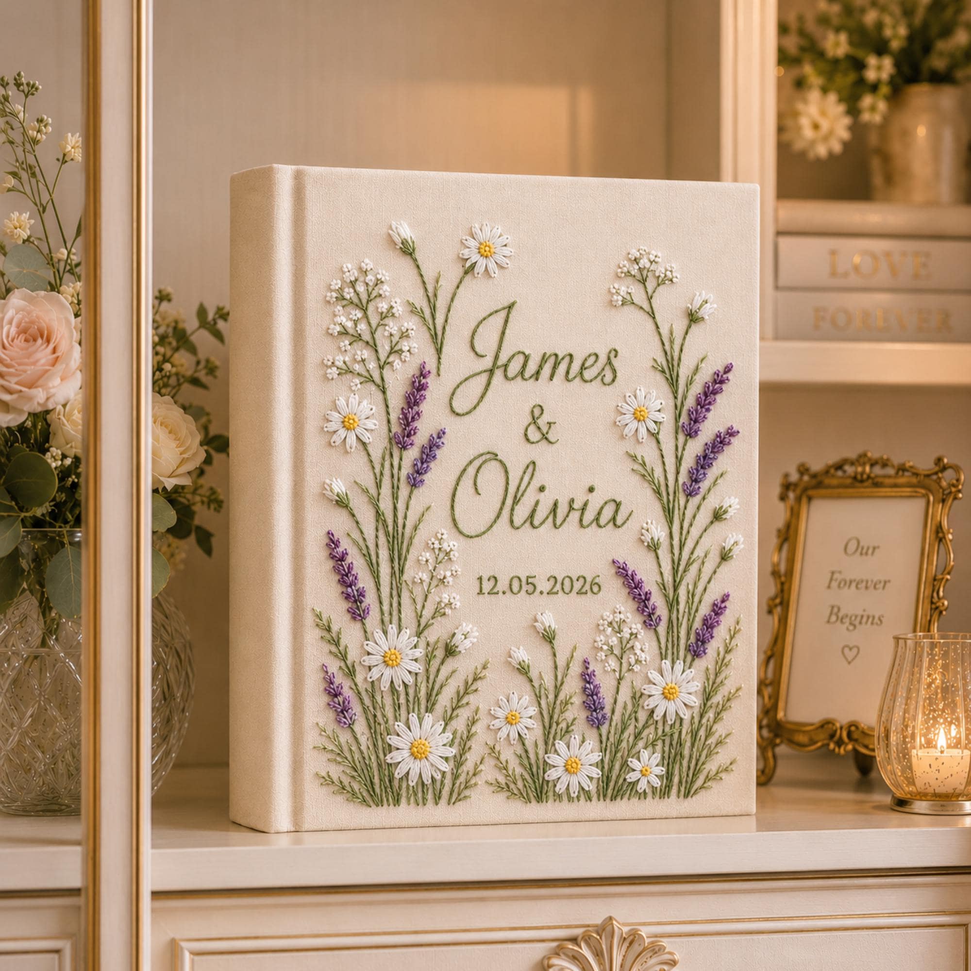 Hand-Embroidered Wildflower Linen Photo Album, Floral Wedding Keepsake Album, Wedding Memory Book, Bride Groom Gift, Anniversary Photo Book