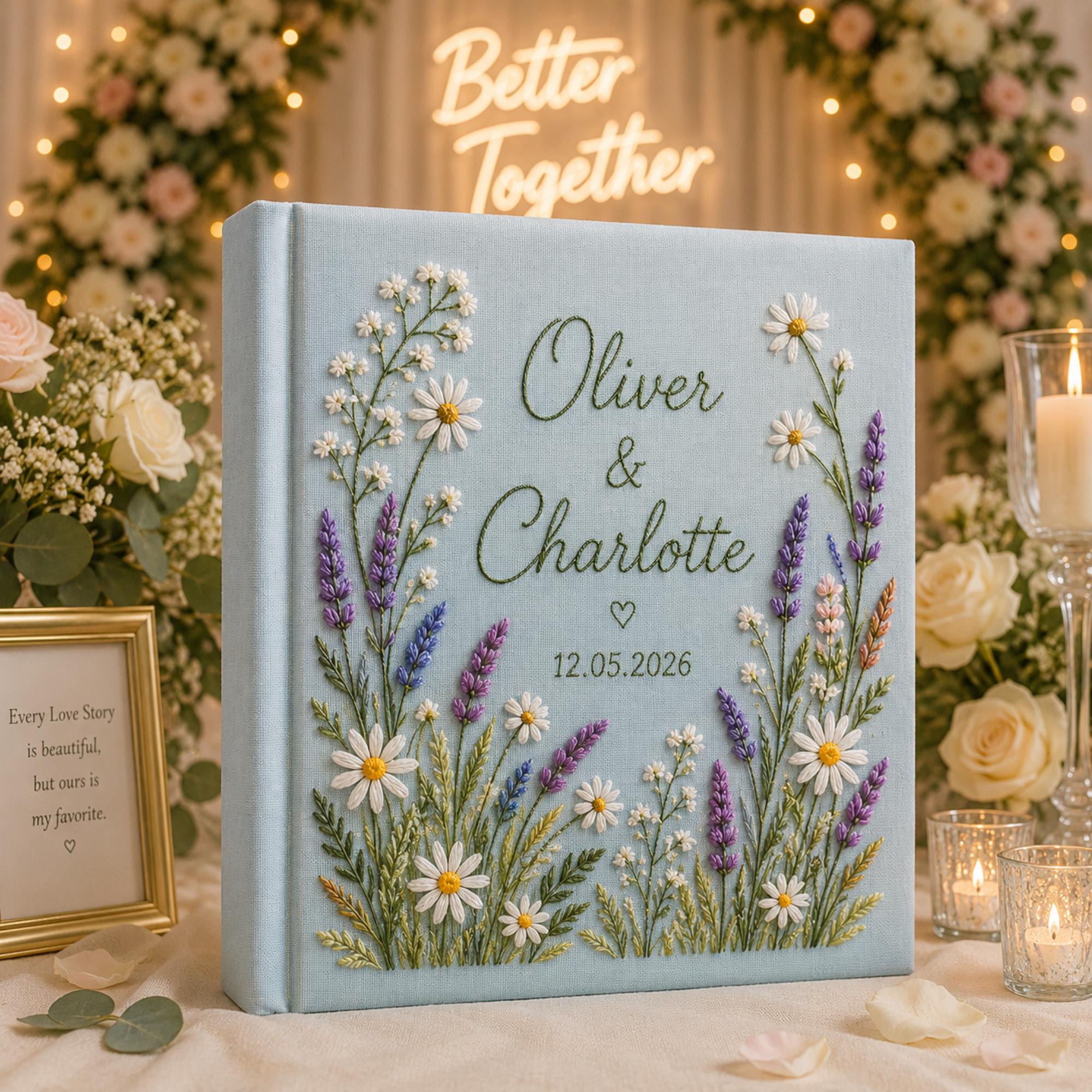 Hand-Embroidered Wildflower Linen Photo Album, Floral Wedding Keepsake Album, Wedding Memory Book, Bride Groom Gift, Anniversary Photo Book