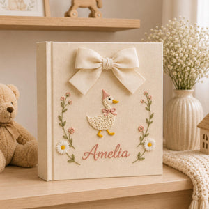 Personalized Floral Goose Baby Embroidered Photo Album, Custom Hand Embroidered Keepsake Album, Linen Memory Book, Girl Nursery Album