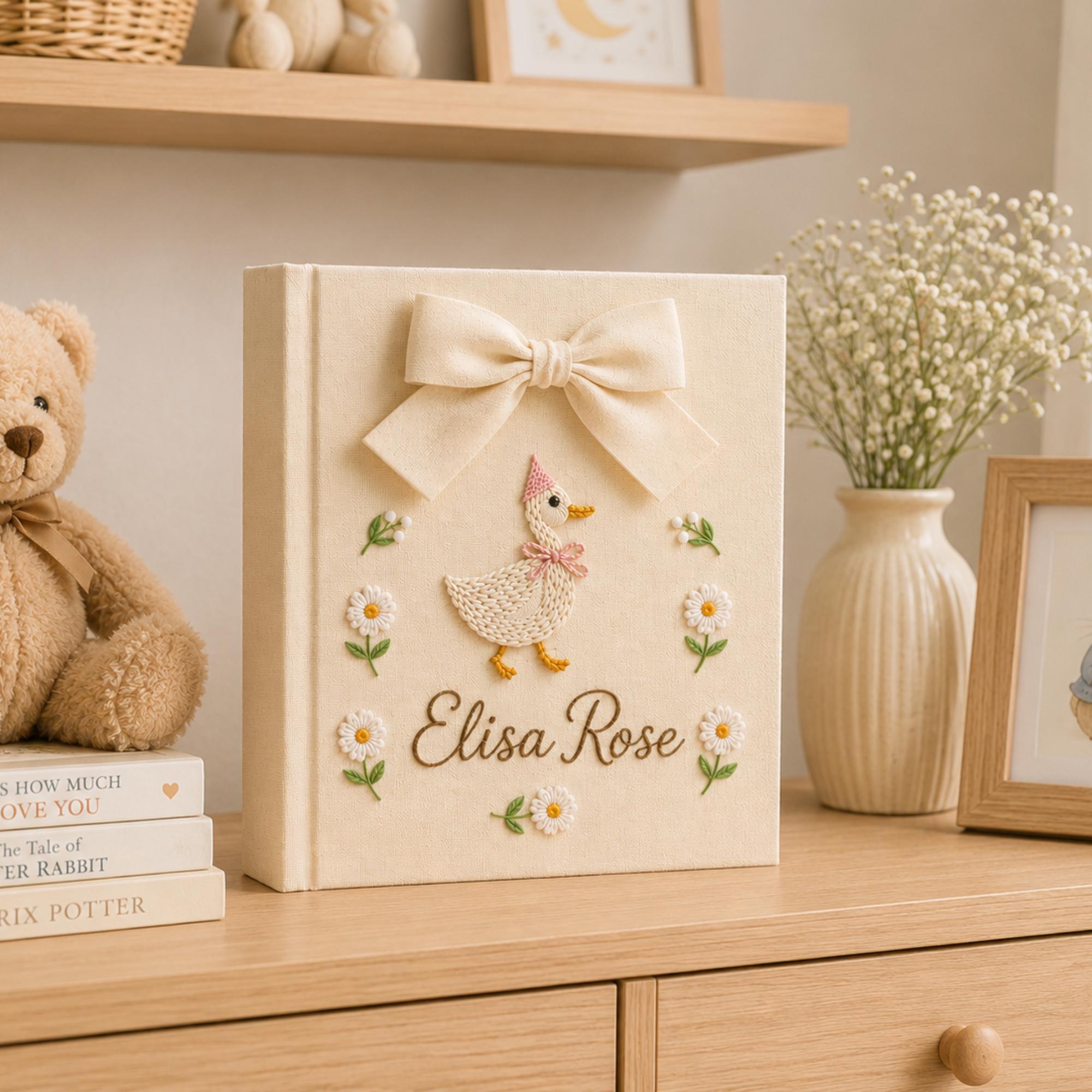Personalized Floral Goose Baby Embroidered Photo Album, Custom Hand Embroidered Keepsake Album, Linen Memory Book, Girl Nursery Album