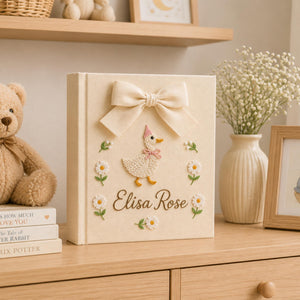Personalized Floral Goose Baby Embroidered Photo Album, Custom Hand Embroidered Keepsake Album, Linen Memory Book, Girl Nursery Album