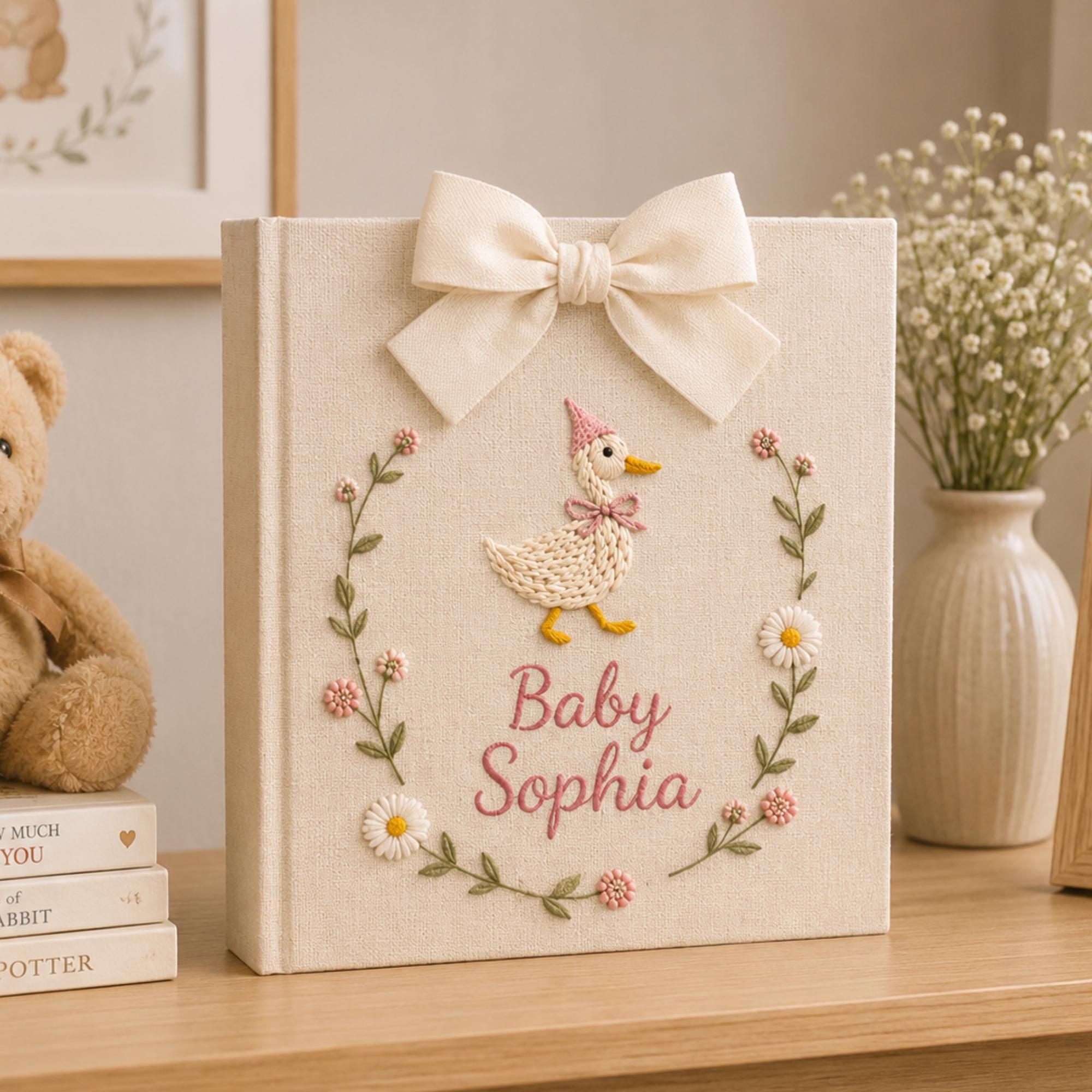 Personalized Floral Goose Baby Embroidered Photo Album, Custom Hand Embroidered Keepsake Album, Linen Memory Book, Girl Nursery Album