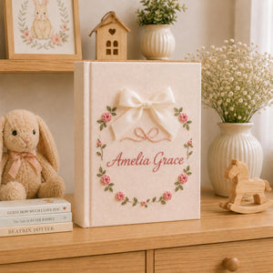 Personalized Floral Goose Baby Embroidered Photo Album, Embroidered Goose Keepsake Album, Linen Baby Memory Book, Unique Girl Newborn Gifts