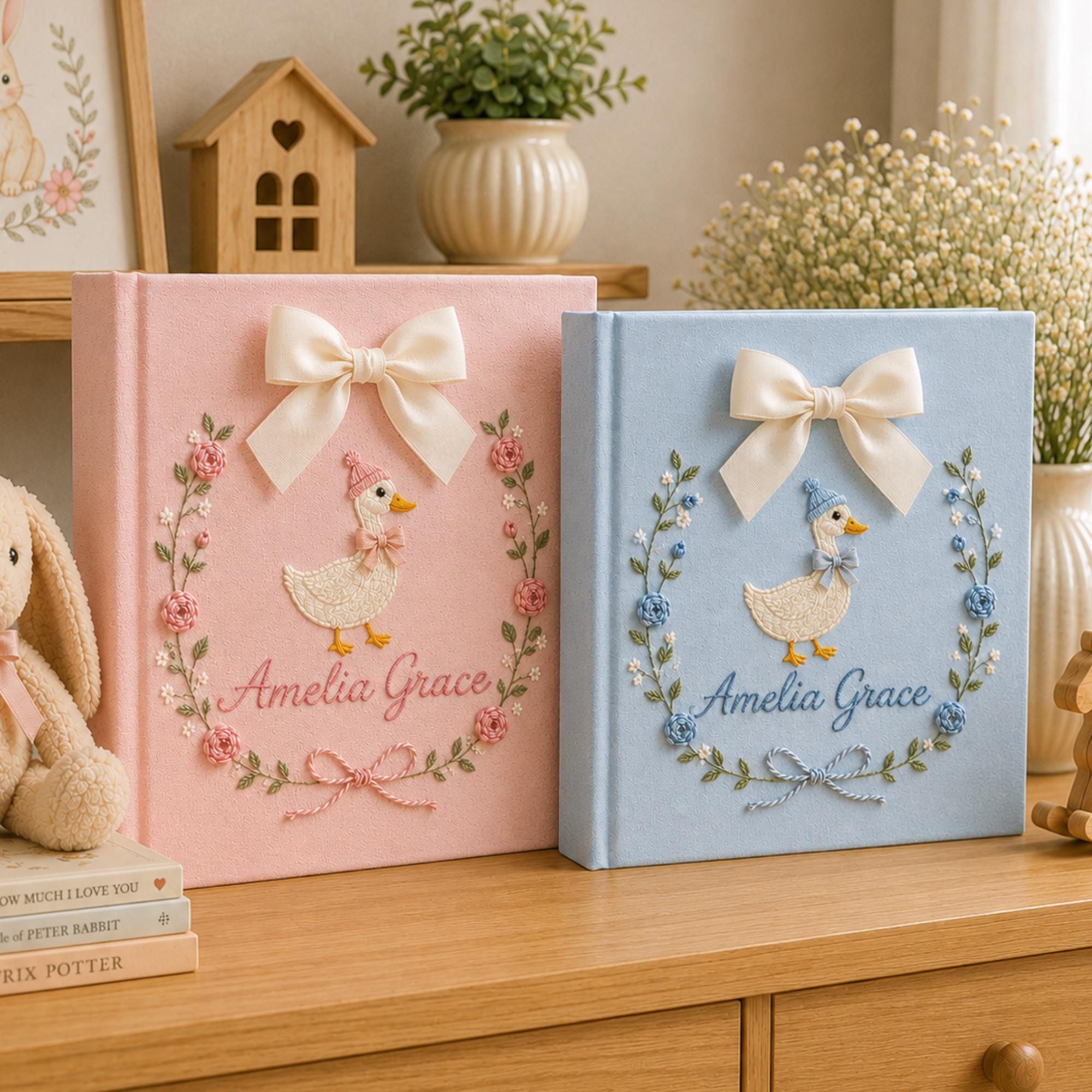 Personalized Floral Goose Baby Embroidered Photo Album, Embroidered Goose Keepsake Album, Linen Baby Memory Book, Unique Girl Newborn Gifts
