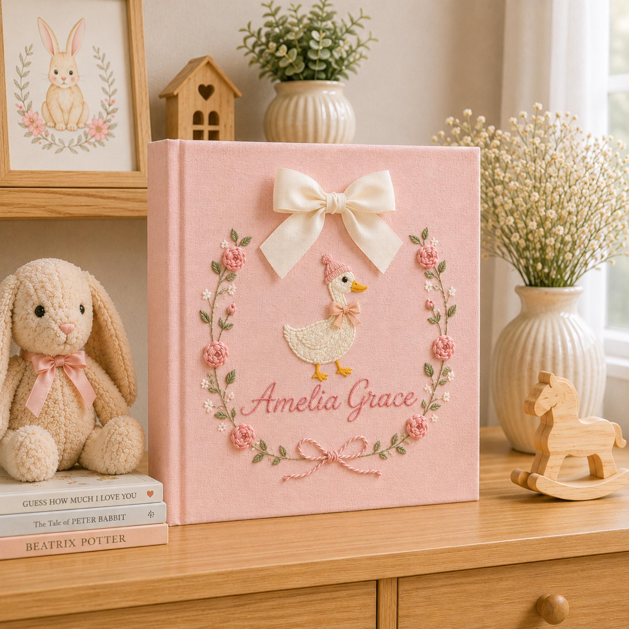 Personalized Floral Goose Baby Embroidered Photo Album, Embroidered Goose Keepsake Album, Linen Baby Memory Book, Unique Girl Newborn Gifts