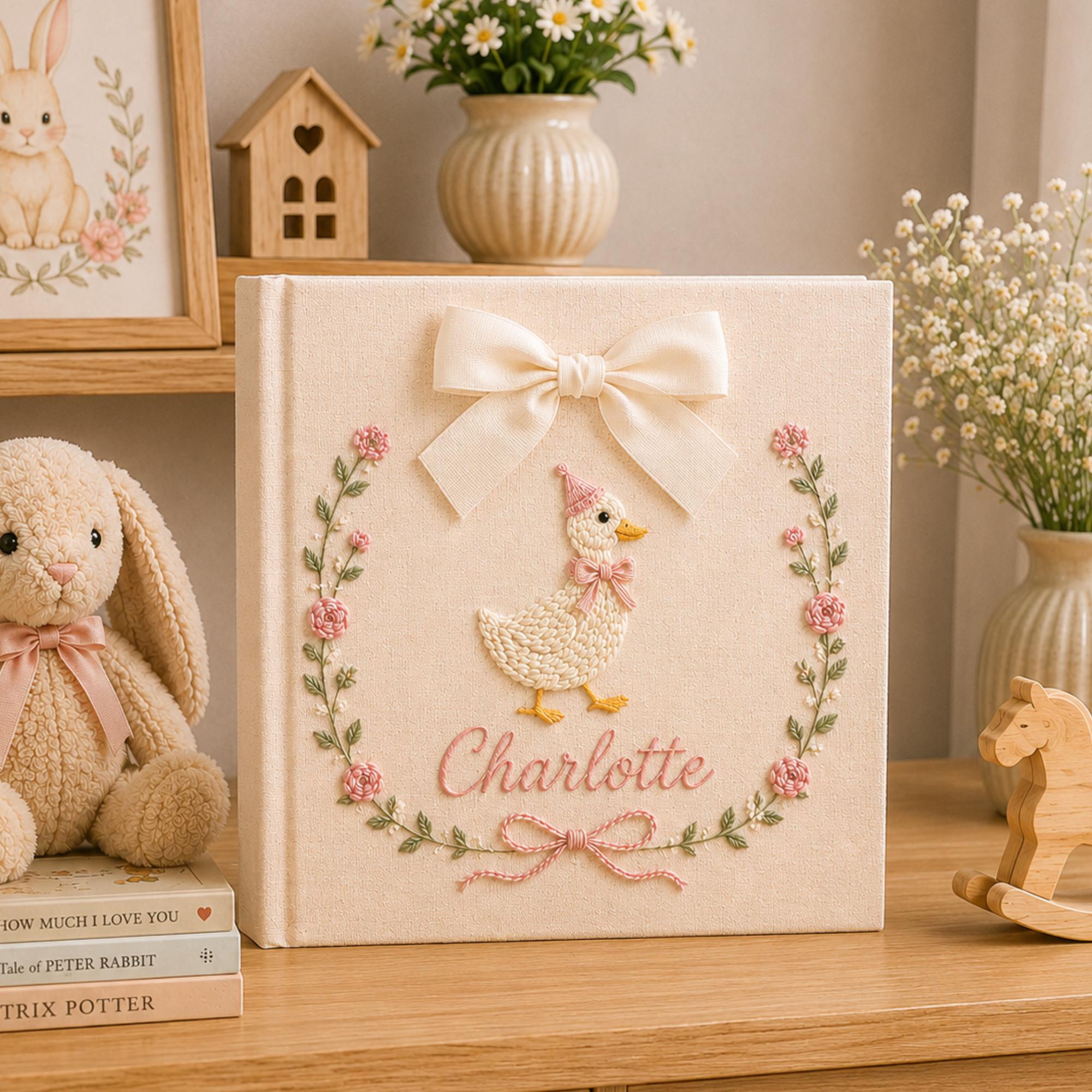 Personalized Floral Goose Baby Embroidered Photo Album, Embroidered Goose Keepsake Album, Linen Baby Memory Book, Unique Girl Newborn Gifts
