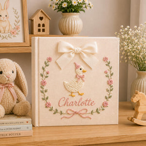 Personalized Floral Goose Baby Embroidered Photo Album, Embroidered Goose Keepsake Album, Linen Baby Memory Book, Unique Girl Newborn Gifts