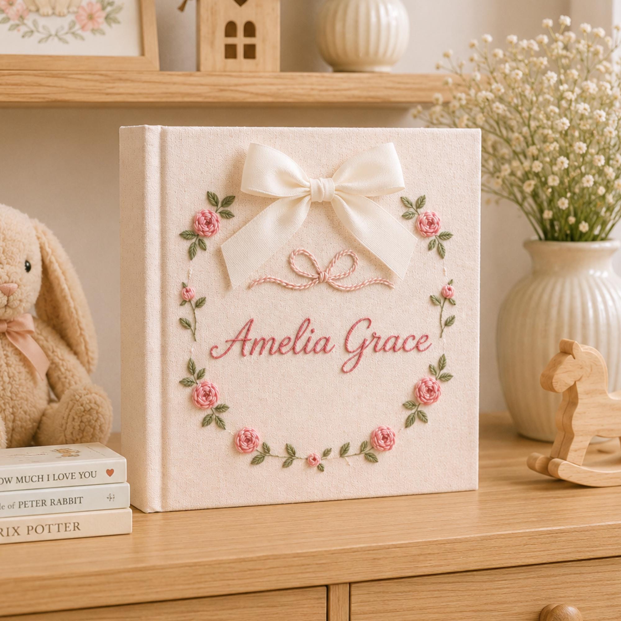 Personalized Floral Goose Baby Embroidered Photo Album, Embroidered Goose Keepsake Album, Linen Baby Memory Book, Unique Girl Newborn Gifts
