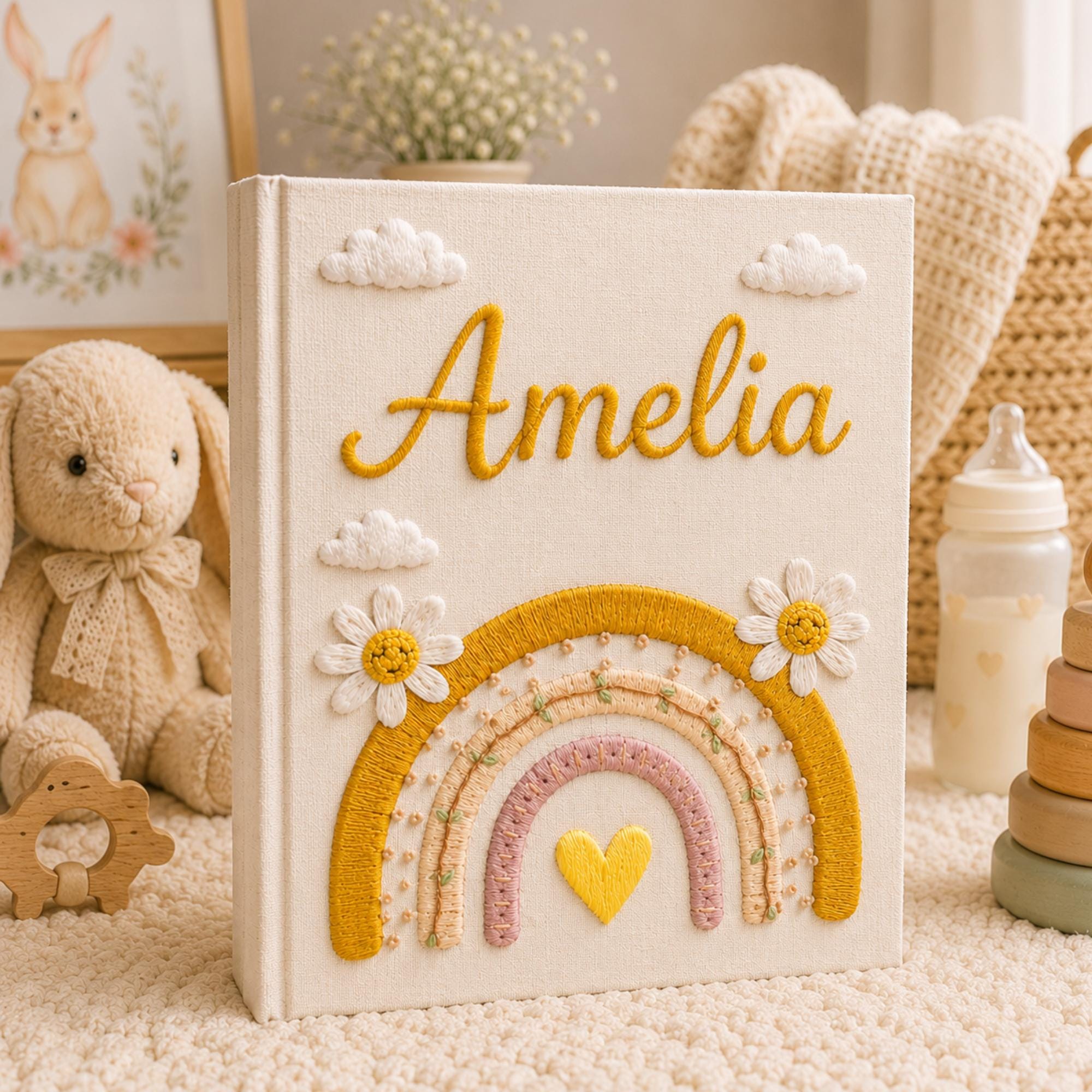 Custom Hand Embroidered Baby Photo Album, Embroidered Floral Rainbow Memory Book, Custom Newborn Keepsake Album, Baby Shower Gift