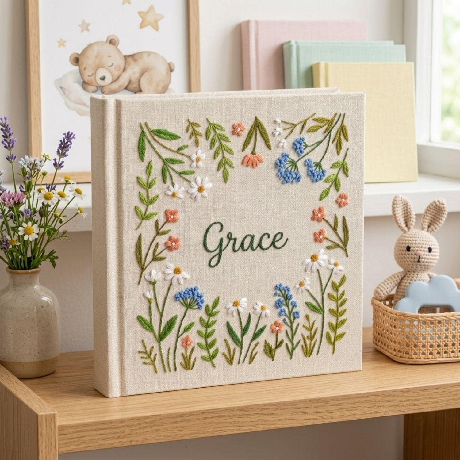 Custom Hand Embroidered Baby Photo Album, Personalized Woodland Baby Memory Book, Floral Nursery Keepsake, Baby Shower Gift