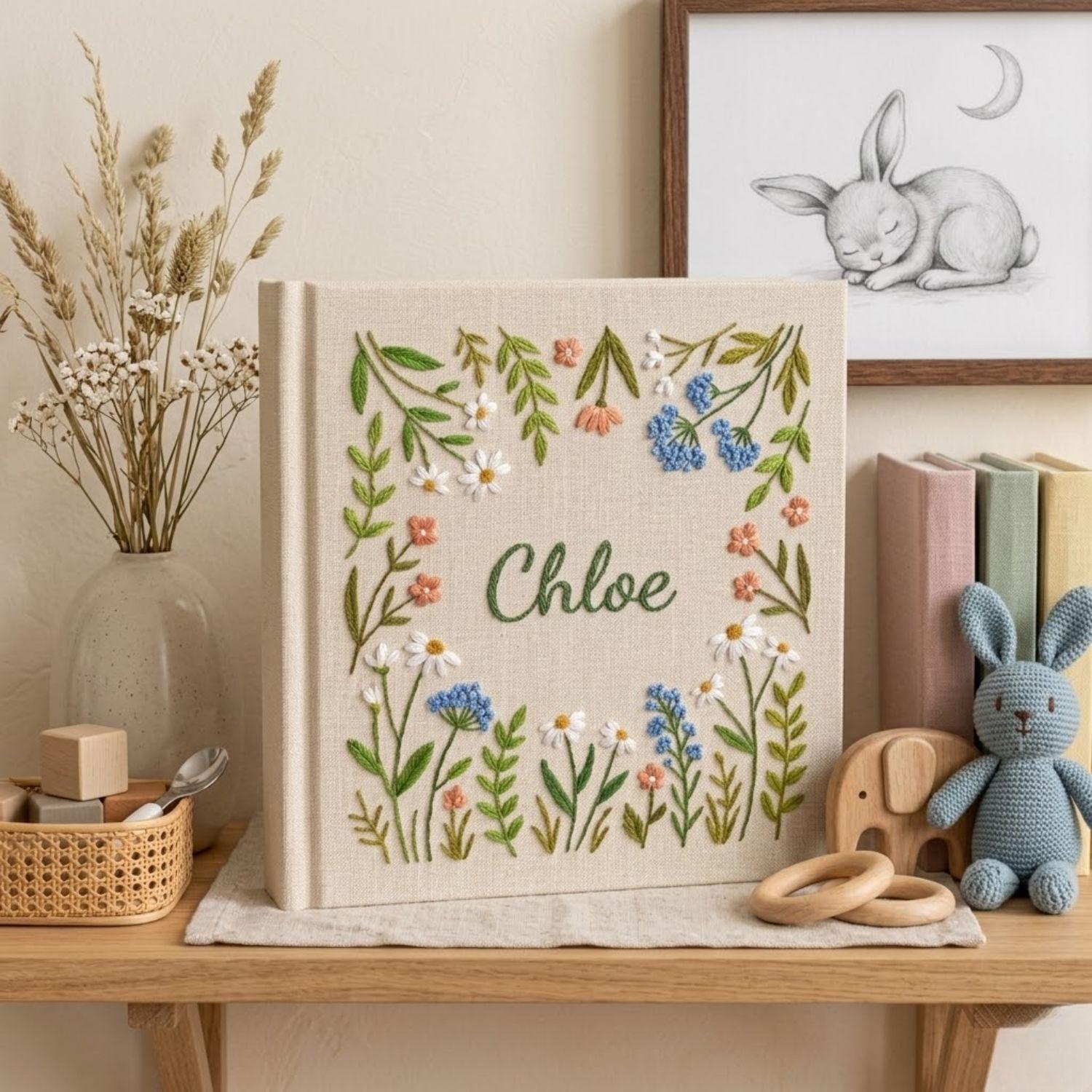 Custom Hand Embroidered Baby Photo Album, Personalized Woodland Baby Memory Book, Floral Nursery Keepsake, Baby Shower Gift