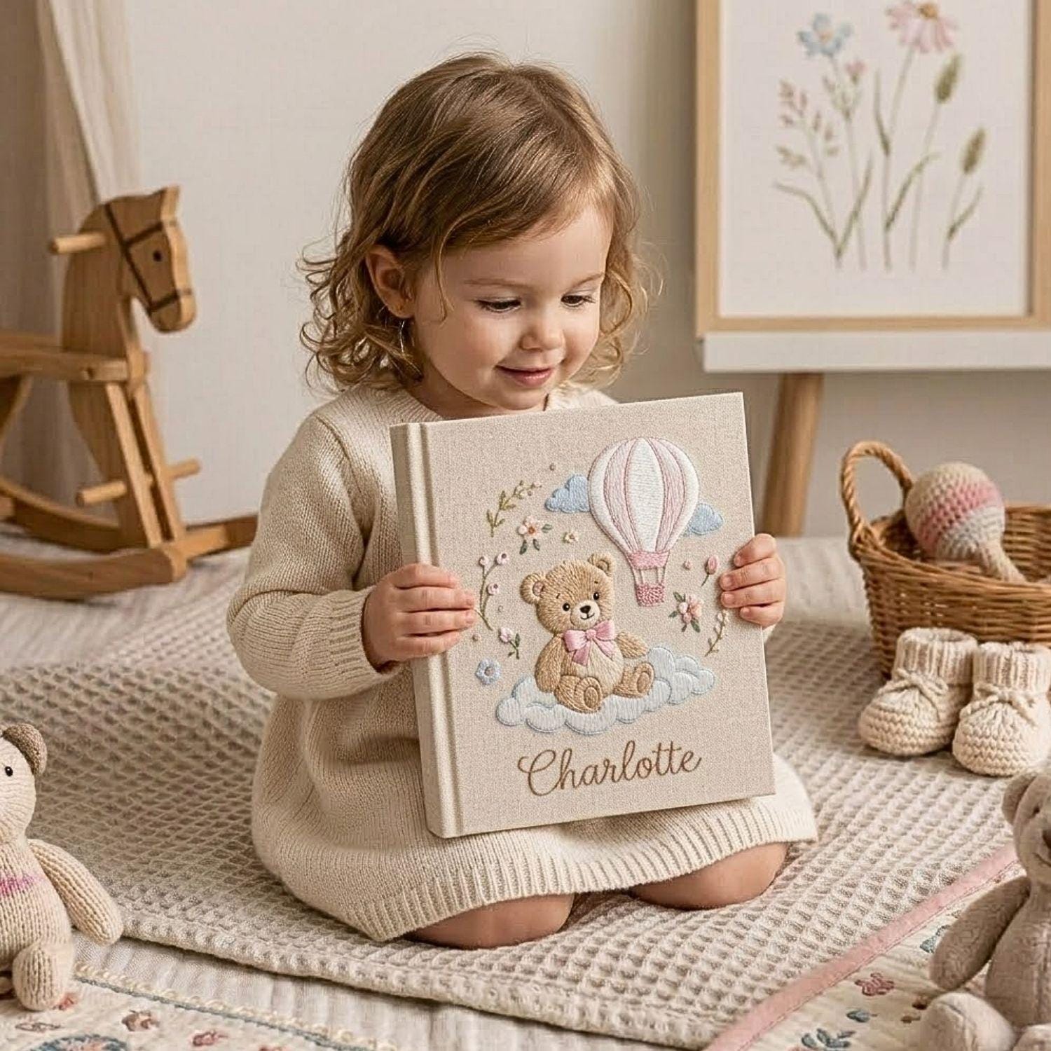 Teddy Bear Hand Embroidered Baby Photo Album, Personalized Baby Memory Book, Hot Air Balloon Nursery Keepsake Gift
