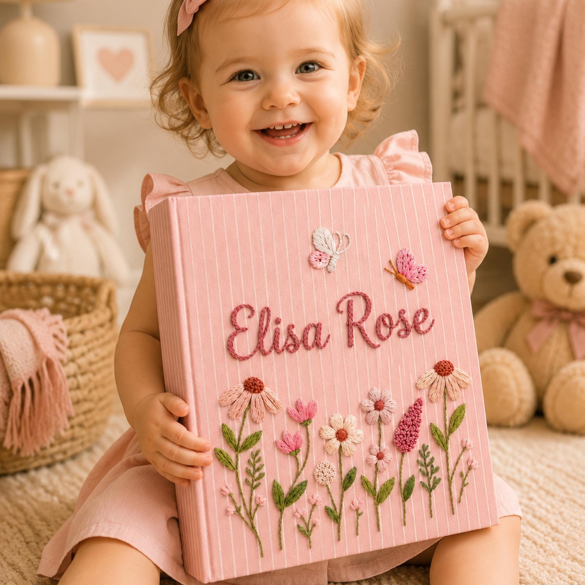 Personalized Hand Embroidered Baby Photo Album, Floral Butterfly Baby Scrapbook, Newborn Keepsake Album, Baby Shower Book Gift
