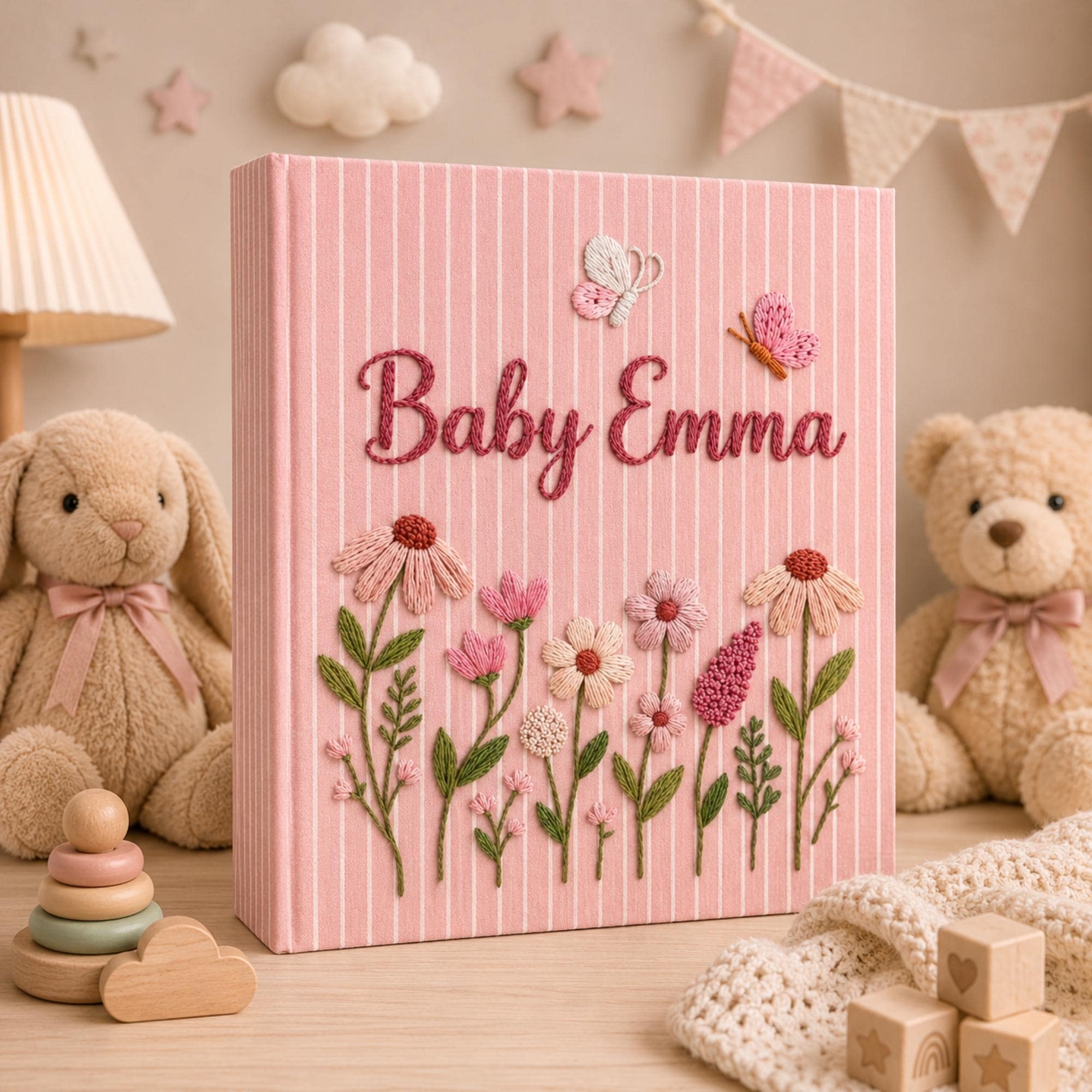 Personalized Hand Embroidered Baby Photo Album, Floral Butterfly Baby Scrapbook, Newborn Keepsake Album, Baby Shower Book Gift