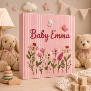 Personalized Hand Embroidered Baby Photo Album, Floral Butterfly Baby Scrapbook, Newborn Keepsake Album, Baby Shower Book Gift