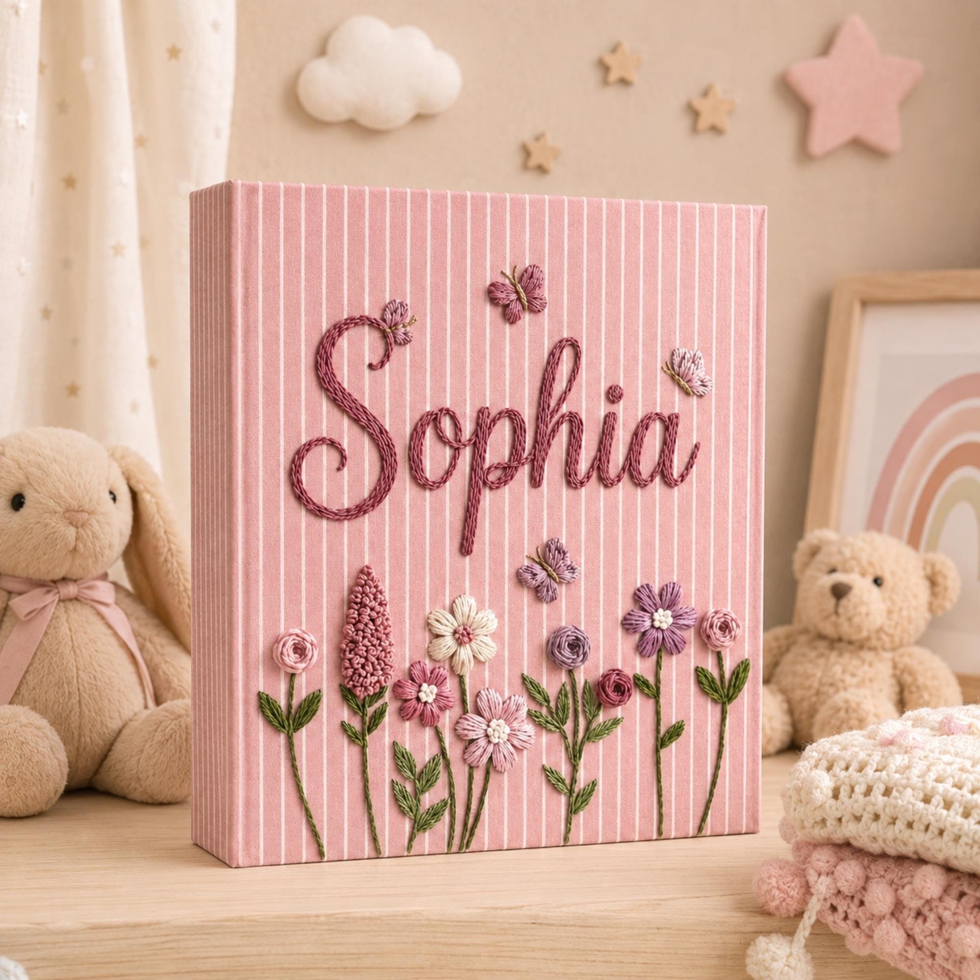 Personalized Hand Embroidered Baby Photo Album, Floral Butterfly Baby Scrapbook, Newborn Keepsake Album, Baby Shower Book Gift