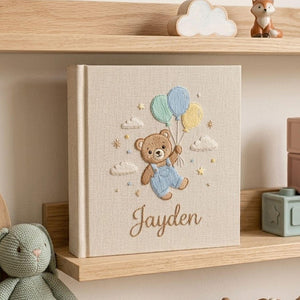 Personalized Teddy Bear Baby Photo Album, Hand Embroidered Baby Memory Book, Custom Baby Shower Gift With Name