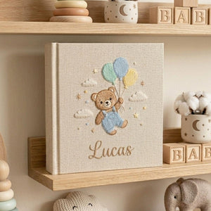 Personalized Teddy Bear Baby Photo Album, Hand Embroidered Baby Memory Book, Custom Baby Shower Gift With Name