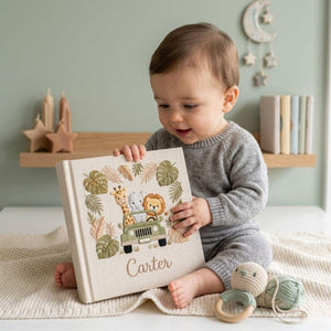 Safari Jungle Baby Photo Album, Personalized Hand Embroidered Baby Memory Book, Custom Baby Shower Keepsake Gift