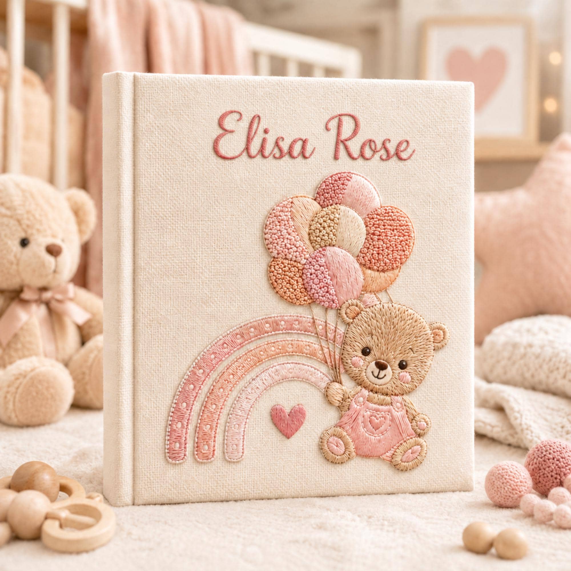 Custom Hand Embroidered Baby Photo Album, Teddy Bear Hot Air Balloon Linen Keepsake Memory  Book, Baby Shower Gift, Girl Nursery Album