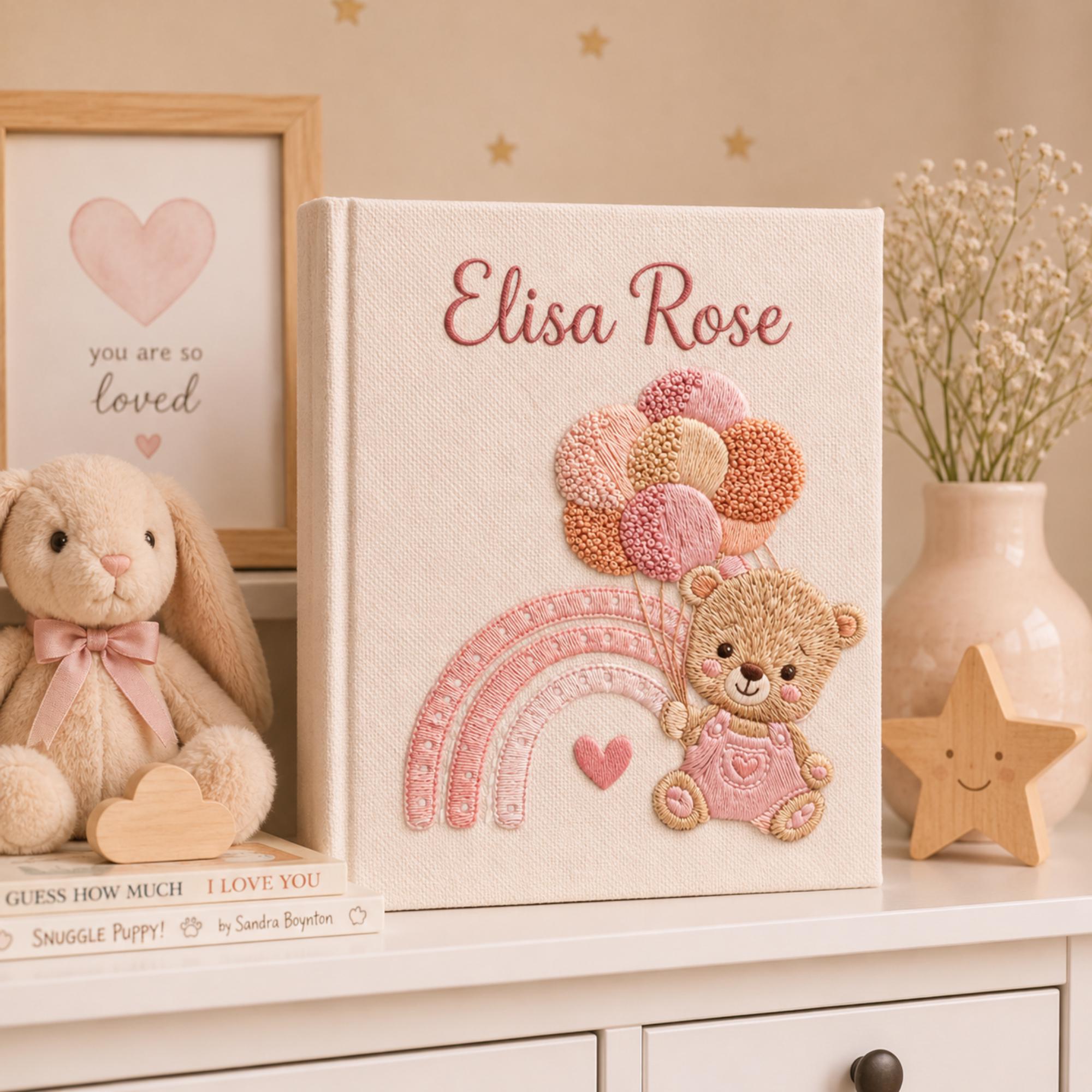 Custom Hand Embroidered Baby Photo Album, Teddy Bear Hot Air Balloon Linen Keepsake Memory  Book, Baby Shower Gift, Girl Nursery Album