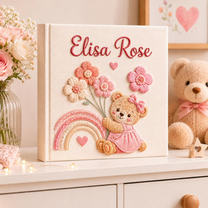 Custom Hand Embroidered Baby Photo Album, Teddy Bear Hot Air Balloon Linen Keepsake Memory  Book, Baby Shower Gift, Girl Nursery Album