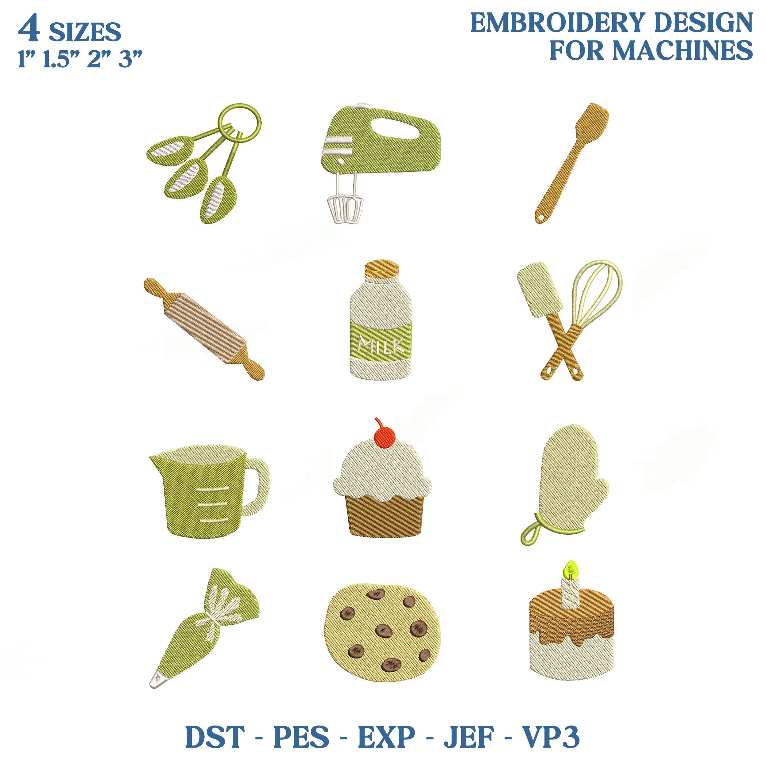 Baking Embroidery Design Bundle, Kitchen Tools Machine Embroidery File, Rolling Pin Whisk Cupcake Cookie Icons, Instant Download