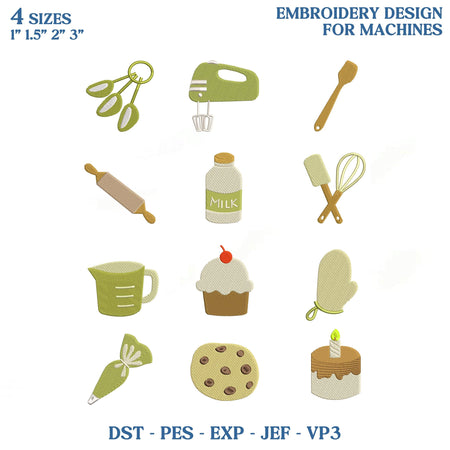 Baking Embroidery Design Bundle, Kitchen Tools Machine Embroidery File, Rolling Pin Whisk Cupcake Cookie Icons, Instant Download