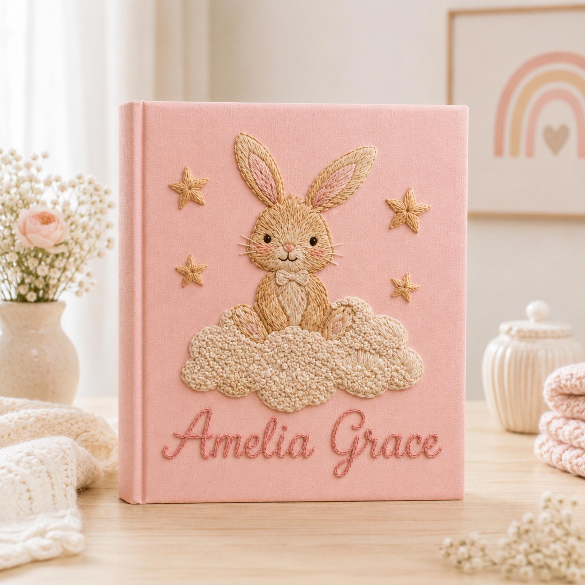Custom Hand Embroidered Baby Photo Album, Personalized Bunny Keepsake Book, Hot Air Balloon Baby Girl Memory Album, Newborn Gift