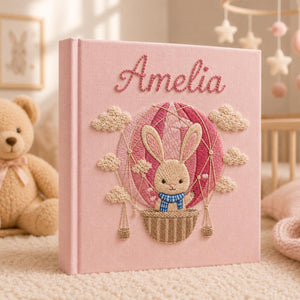 Custom Hand Embroidered Baby Photo Album, Personalized Bunny Keepsake Book, Hot Air Balloon Baby Girl Memory Album, Newborn Gift