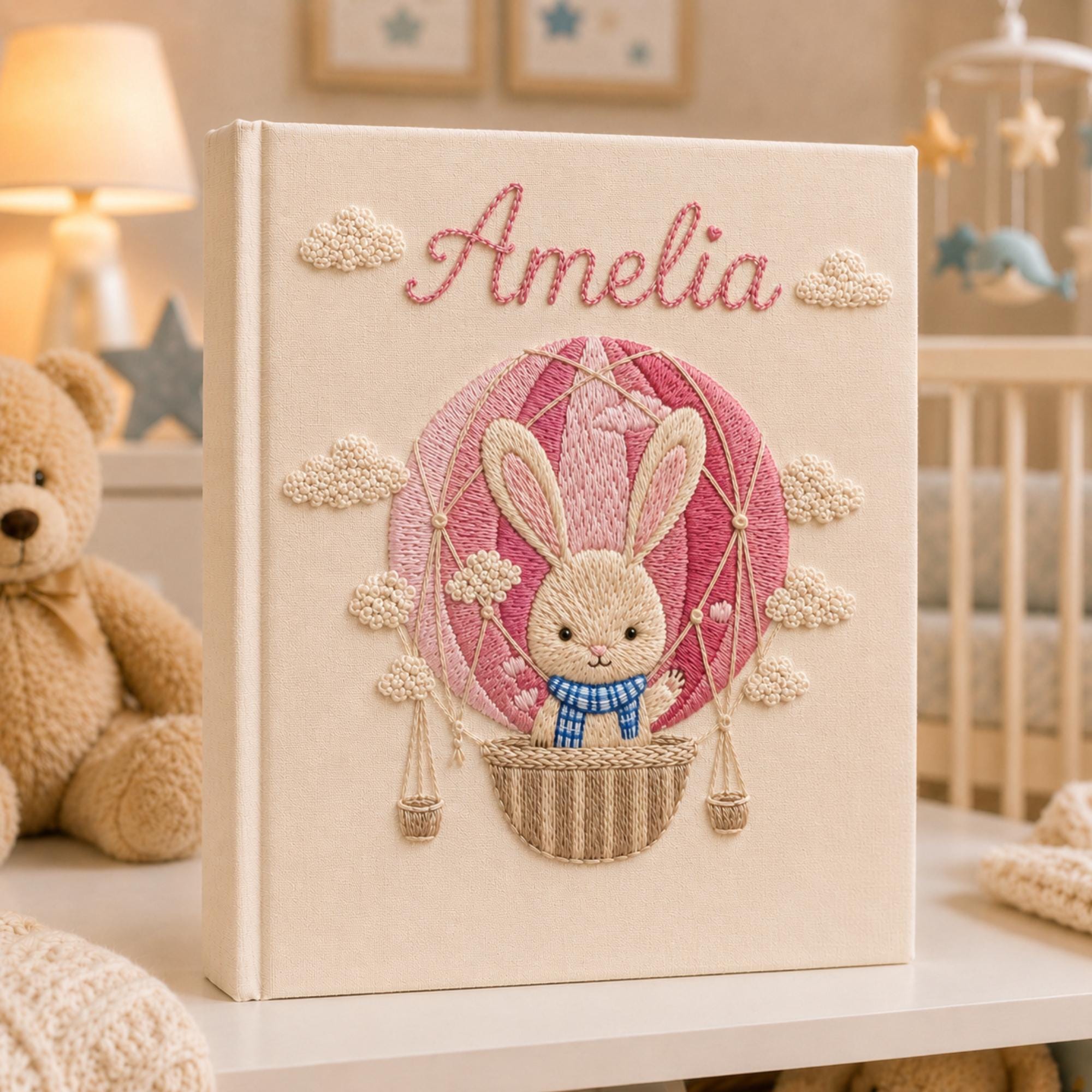 Custom Hand Embroidered Baby Photo Album, Personalized Bunny Keepsake Book, Hot Air Balloon Baby Girl Memory Album, Newborn Gift