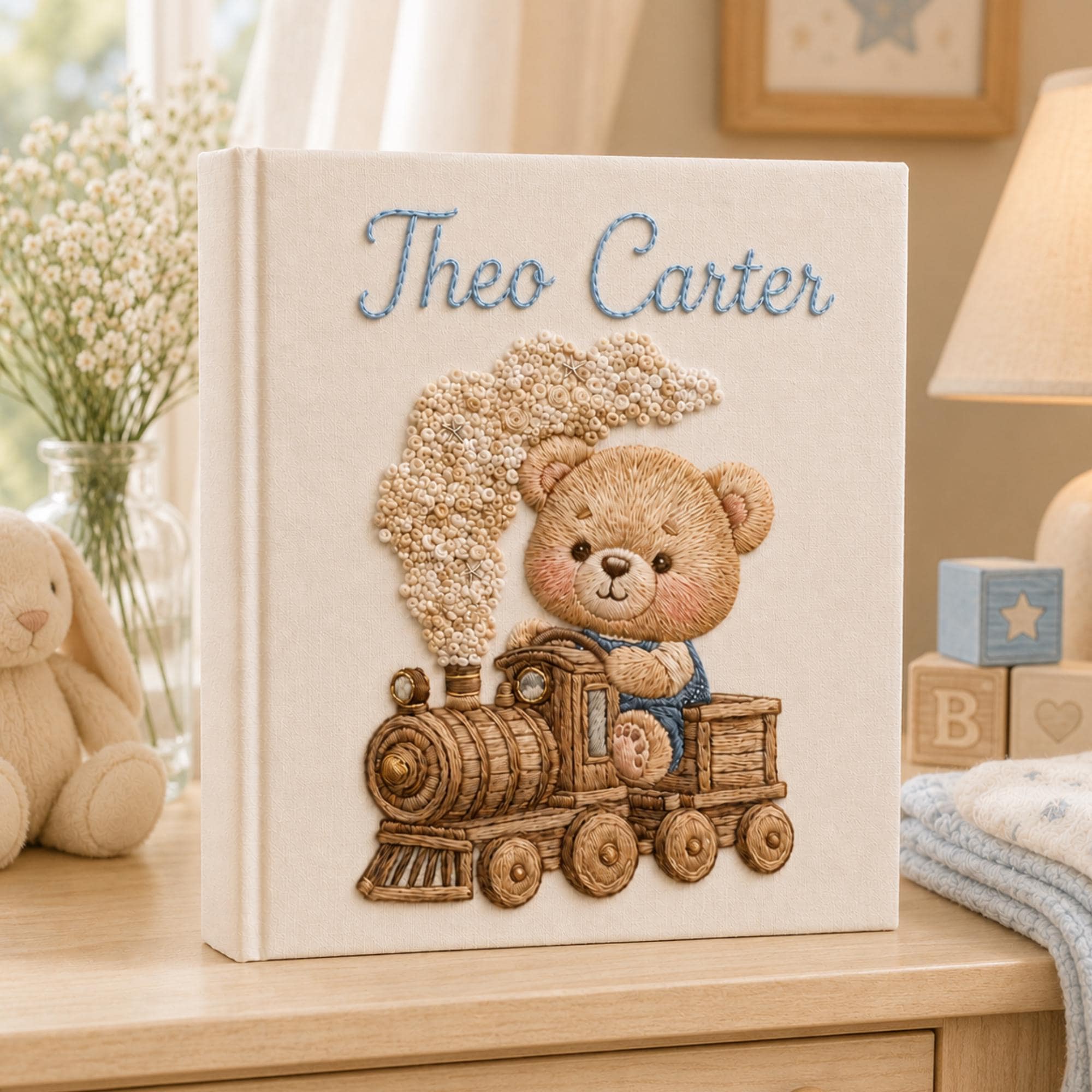 Embroidered Little Train Linen Baby Photo Album , Custom Airplane and Train Baby Memory Book, Baby Shower Gift, Baby Boy Keepsake Album