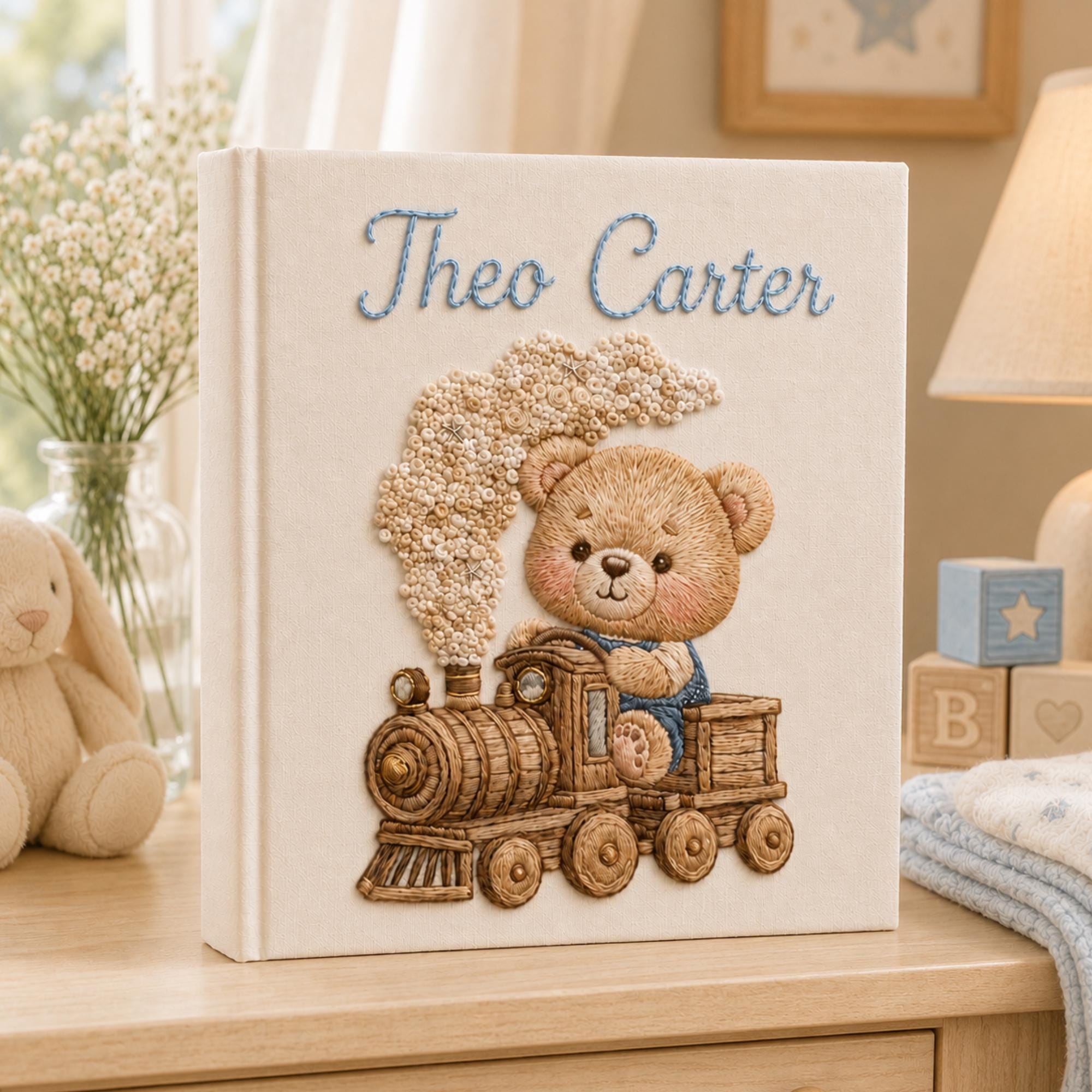 Personalized Embroidered Teddy Bear Train Baby Photo Album, Custom Baby Memory Book, Newborn Keepsake Album Gift, Baby Shower Gift