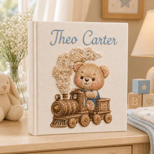 Personalized Embroidered Teddy Bear Train Baby Photo Album, Custom Baby Memory Book, Newborn Keepsake Album Gift, Baby Shower Gift