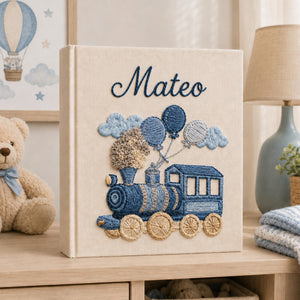Personalized Embroidered Teddy Bear Train Baby Photo Album, Custom Baby Memory Book, Newborn Keepsake Album Gift, Baby Shower Gift