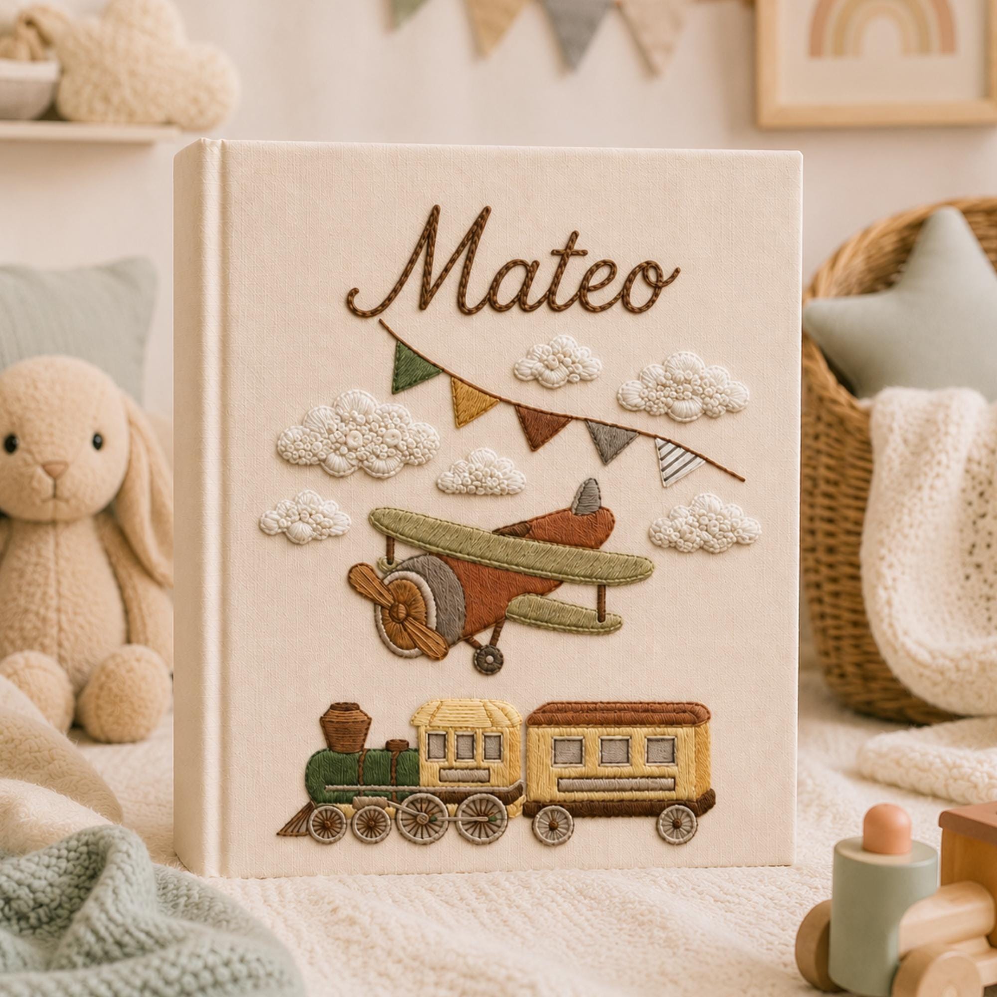 Embroidered Little Train Linen Baby Photo Album , Custom Airplane and Train Baby Memory Book, Baby Shower Gift, Baby Boy Keepsake Album