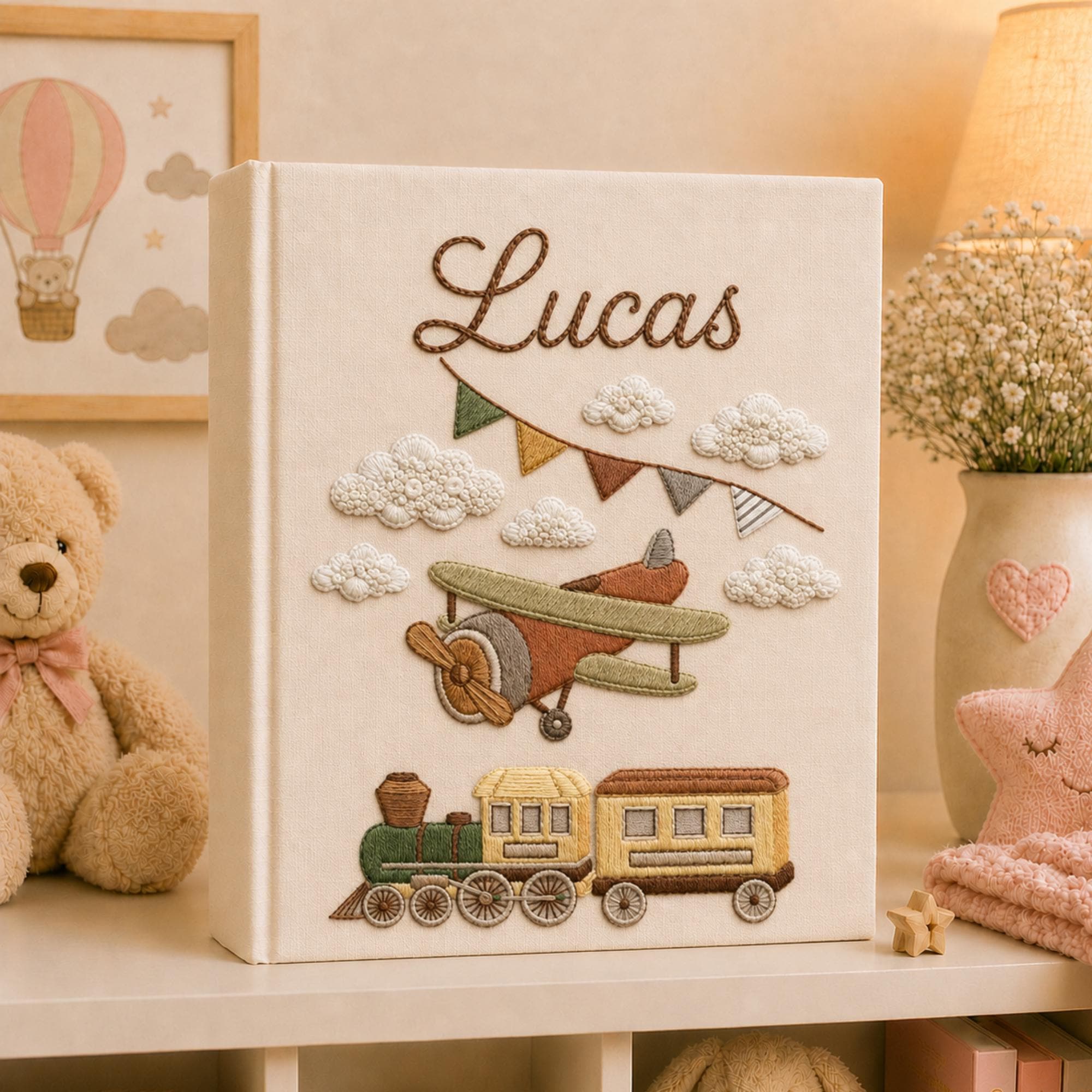 Personalized Embroidered Teddy Bear Train Baby Photo Album, Custom Baby Memory Book, Newborn Keepsake Album Gift, Baby Shower Gift
