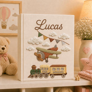 Personalized Embroidered Teddy Bear Train Baby Photo Album, Custom Baby Memory Book, Newborn Keepsake Album Gift, Baby Shower Gift
