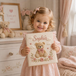 Personalized Embroidered Teddy Bear Initial Baby Photo Album, Custom Hand Embroidered Linen Memory Book, Baby Keepsake Album, Newborn Gift