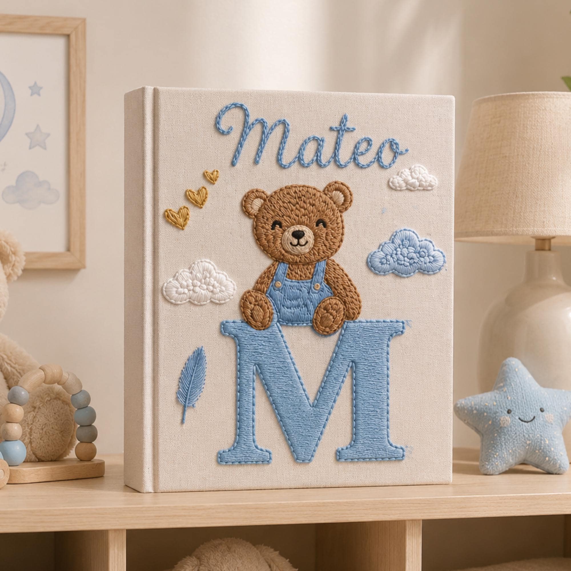 Personalized Embroidered Teddy Bear Initial Baby Photo Album, Custom Hand Embroidered Linen Memory Book, Baby Keepsake Album, Newborn Gift