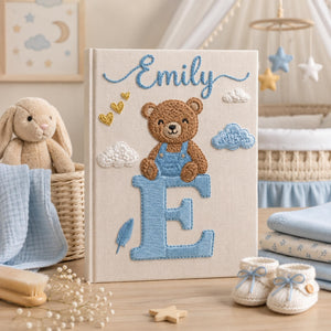 Personalized Embroidered Teddy Bear Initial Baby Photo Album, Custom Hand Embroidered Linen Memory Book, Baby Keepsake Album, Newborn Gift