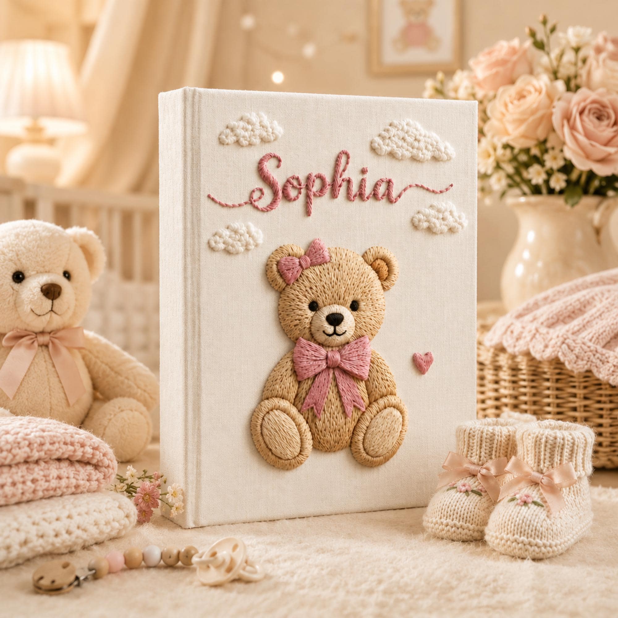 Personalized Embroidered Teddy Bear Initial Baby Photo Album, Custom Hand Embroidered Linen Memory Book, Baby Keepsake Album, Newborn Gift