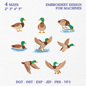 Mallard Duck Embroidery Design Bundle, Flying Duck Embroidery File, Mini Bird Machine Embroidery Designs, Hunting Duck Instant Download
