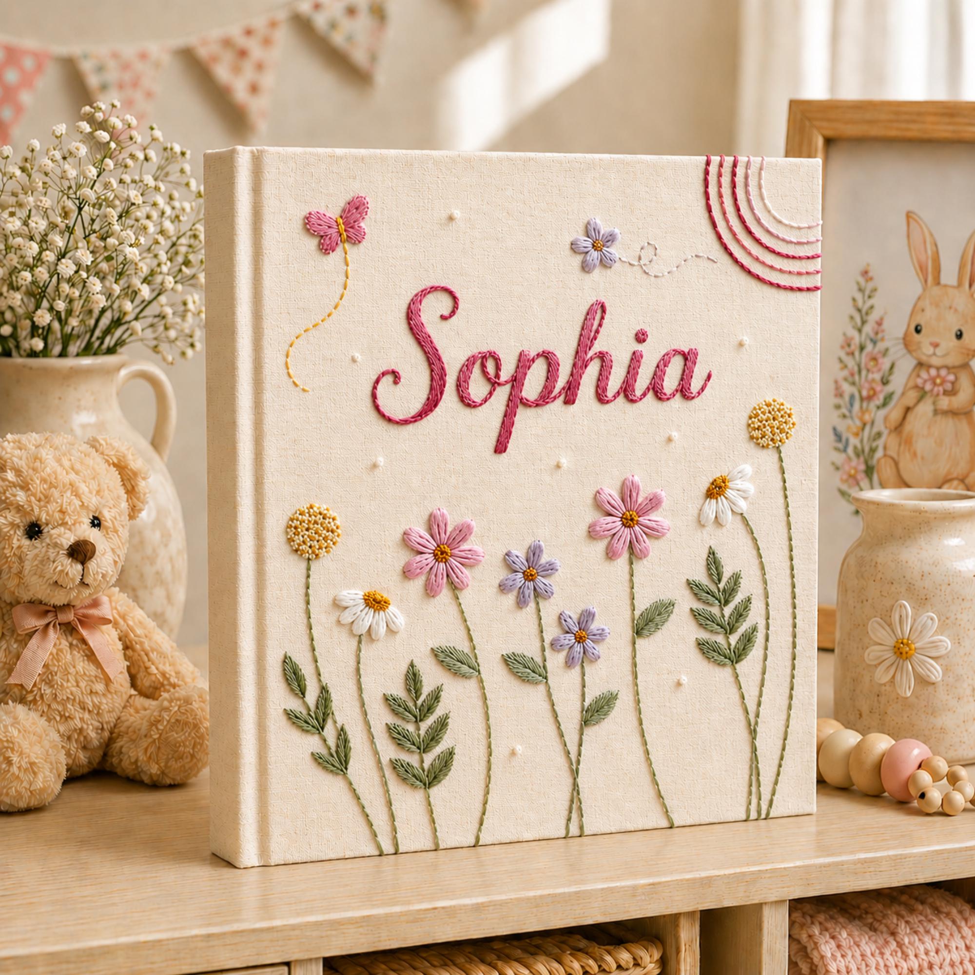 Custom Hand Embroidered Keepsake Album, Floral Butterfly Baby Scrapbook, Unique Keepsake Album, Flower Embroidered Photo Album, Newborn Gift